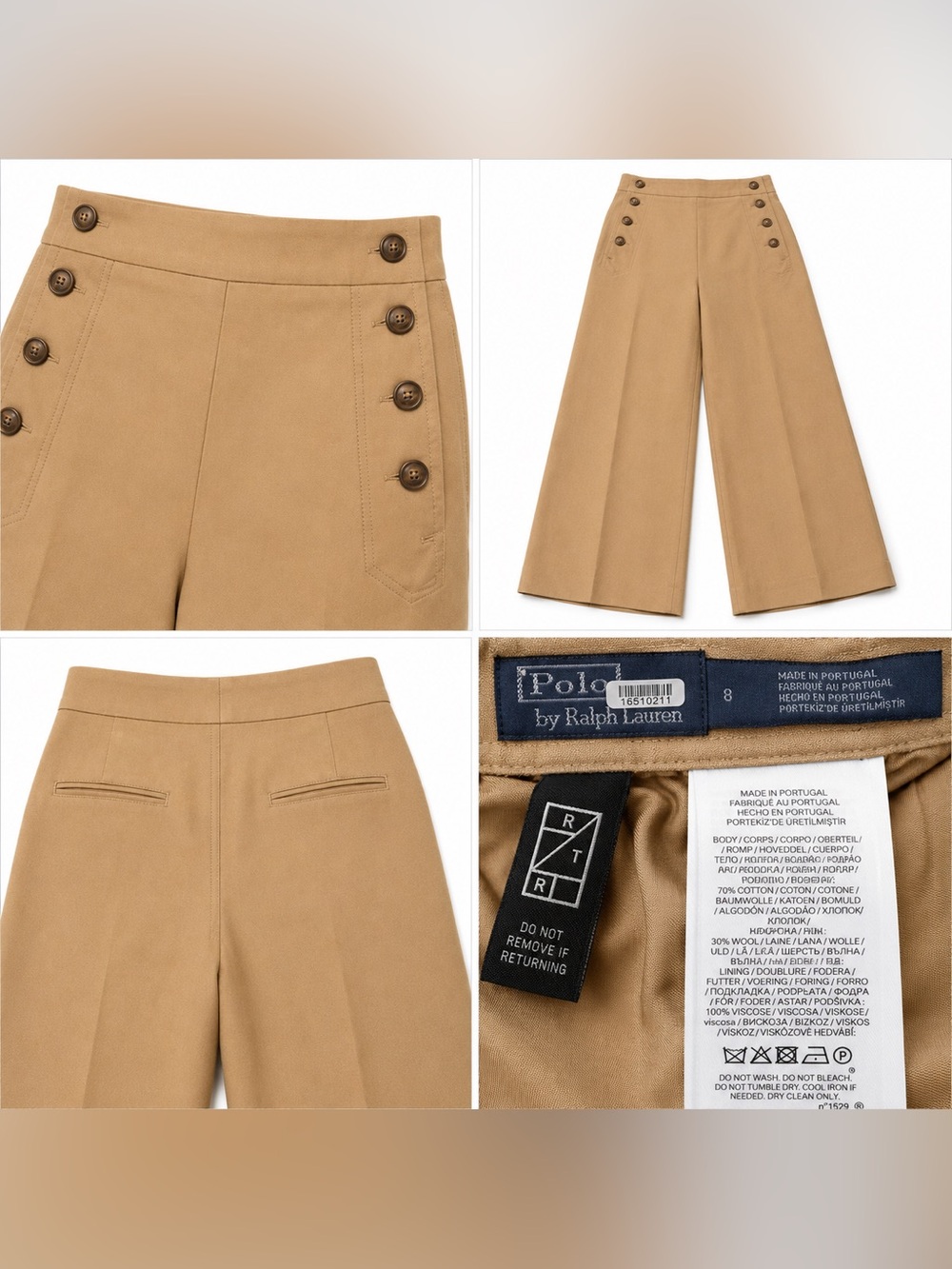 Polo Ralph Lauren Women's Sailor Wide Leg Crop Pants Camel Tan Wool Blend High R - Picture 3 of 6